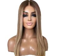 Parrucche Glueless lunghe e diritte sul davanti in pizzo for donna, parrucca sintetica 13x4 Ombre bionda marrone for uso quotidiano, densità 150(16 inch)