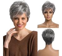 Parrucche grigie corte per donna Parrucca taglio pixie naturale, parrucche sintetiche resistenti al calore, capelli naturali per uso quotidiano