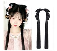 Parrucche Hanfu da donna, Parrucca cosplay Hanfu nera lunga rettilinea da donna Anime antico copricapo cinese con fascia(The lion's gift - Hug the ball)