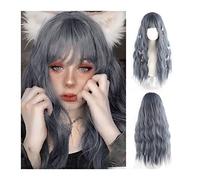 Parrucche Haze Blue Wigs, Parrucca riccia ondulata lunga con frangia for donna, Parrucche ondulate sintetiche opache dall'aspetto naturale for ragazze Cosplay Party Daily Wear Parrucca