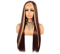 Parrucche Lunga Dritta Capelli per Ragazza Scuro Marrone Rosa Illuminazione 26"