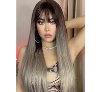 Parrucche lunghe da castano chiaro a biondo con frangia per donna, capelli sintetici lisci lunghi 22 pollici resistenti al calore per cosplay di feste quotidiane