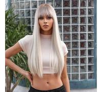 Parrucche lunghe diritte con frangia di copricapo completo argento sfumato di capelli naturali femminili per donne, parrucca sintetica per cosplay di feste quotidiane