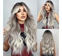 Parrucche lunghe ondulate da grigio a bianco argento con frangia per donna, parrucca sintetica riccia grigia da 26'' capelli resistenti al calore per cosplay di feste quotidiane