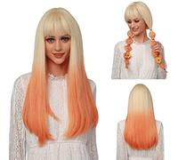 Parrucche lunghe, parrucche lisce pastello con frangia, parrucche colorate ombré, parrucche sintetiche in fibra naturale per bomboniere di addio al nubilato regolabili,Ombre Blonde Orange