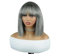 Parrucche miste di capelli umani grigi for donna, parrucca grigia con taglio pixie con frangia, pronta da indossare e andare(10 inch)