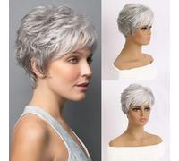 Parrucche naturali corte con frangia Capelli morbidi da mamma Uso quotidiano Parrucca sintetica corta grigia sfumata riccia per feste in costume per donne-WIG-175-10 pollici-1 PC