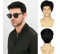 Parrucche nere per uomo con riga laterale corta, naturale, a strati, sintetiche, soffici, per feste quotidiane, Halloween, cosplay, con cuffia per parrucca-2156-2-4 pollici-1 pz