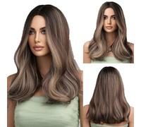 Parrucche Ombre Brown per donne: parrucca lunga ondulata con riga centrale, lunghezza alle spalle, sintetica naturale, ombre marrone misto