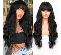 Parrucche ondulate lunghe con frangia, ombré, capelli sintetici ondulati, per donne bianche e nere, per feste, tutti i giorni, 66 cm, colore nero