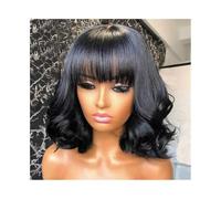 Parrucche ondulate naturali con frangia, parrucche ondulate nere for donne nere, capelli umani vergini brasiliani senza colla, ricci sciolti, densità 180 Topper per Capelli da Donna(8inch)