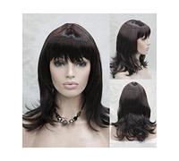 Parrucche ondulate nere con frangia piatta, capelli ricci di media lunghezza, parrucca riccia ondulata naturale e soffice per donne, parrucche sostitutive in capelli sint,Brown Red