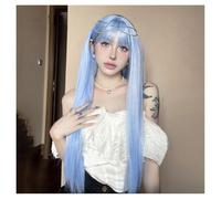 Parrucche, Parrucca colorata con frangia d'aria, capelli lunghi e lisci, cielo blu bianco viola, copricapo completo alla moda,Parrucche di capelli umani(Sky Blue)