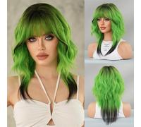 Parrucche, Parrucca con coda di lupo colorata for donna - Capelli sintetici morbidi e ricci, resistenti al calore,Parrucche di capelli umani(Green)