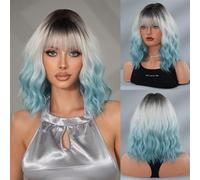 Parrucche Parrucca corta riccia for donna con frangia - Fibra sintetica resistente al calore,per donne(Salt water blue)