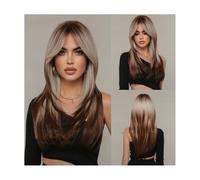 Parrucche, Parrucca da donna con frangia di carattere medio, sfumatura colorante marrone, capelli lunghi lisci, parrucca con cappuccio completo,Parrucche di capelli umani