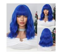 Parrucche Parrucca da festa blu for cosplay Parrucche blu for donna Parrucca corta ondulata Bob Parrucca blu con frangia Parrucche sintetiche for fibra resistente al calore quotidiana Parrucca da donn