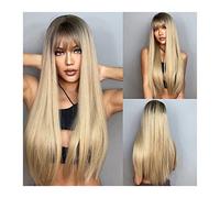 Parrucche Parrucca di capelli biondo chiaro con radici scure Parrucca sintetica lunga dritta con frangia for donne bianche Parrucche diritte in fibra resistente al calore con attaccatura dei capelli n