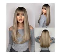 Parrucche Parrucca di capelli naturali for donna Parrucca cosplay Resistente al calore Parrucche sintetiche lunghe dritte con frangia Ombre da marrone a biondo Parrucca da donna