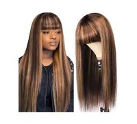 Parrucche Parrucca di capelli umani con frangia, effetto ombré, castano chiaro, capelli lisci for donna, densità 180% Parrucca da donna(28inches)
