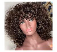 Parrucche Parrucca di capelli umani Fumi ricci rosa con frangia piena fatta a macchina onda profonda caschetto corto for donne nere taglio Pixie brasiliano vergine acqua Parrucca da donna(Size:180%,Co
