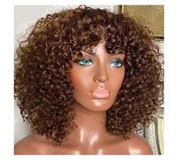 Parrucche Parrucca di capelli umani Fumi ricci rosa con frangia piena fatta a macchina onda profonda caschetto corto for donne nere taglio Pixie brasiliano vergine acqua Parrucca da donna(Size:180%,Co
