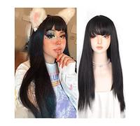 Parrucche Parrucca diritta setosa naturale con capelli sintetici neri lunghi con frangia Parrucca cosplay for capelli sintetici resistenti al calore con frangia for donna Parrucca da donna