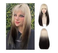 Parrucche, Parrucca for capelli lunghi lisci con frangia, parrucca diritta grigio nero sfumato biondo, parrucca cosplay for costume da festa sintetica resistente al calore naturale for le donne,Parru