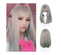 Parrucche Parrucca for capelli lunghi lisci con frangia Parrucca sintetica verde misto marrone chiaro, parrucca in fibra ad alta temperatura verde con riflessi naturali for cosplay di feste quotidiane