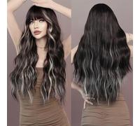 Parrucche Parrucca for capelli lunghi ondulati in frassino argento con frangia for le donne Parrucche Ombre for capelli ad alta densità for feste quotidiane Fibra resistente al calore Parrucca da donn
