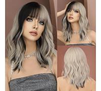 Parrucche Parrucca for capelli lunghi ondulati in frassino argento con frangia for le donne Parrucche Ombre for capelli ad alta densità for feste quotidiane Fibra resistente al calore Parrucca da donn