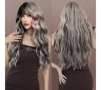 Parrucche Parrucca for capelli lunghi ondulati in frassino argento con frangia for le donne Parrucche Ombre for capelli ad alta densità for feste quotidiane Fibra resistente al calore Parrucca da donn