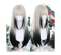 Parrucche Parrucca grigio scuro sfumato argento con frangia, parrucca di capelli lisci lunghi sintetici for donna, parrucca di Halloween Cosplay for feste diritte lisce Parrucca da donna