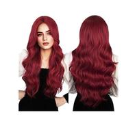 Parrucche Parrucca in fibra sintetica ad alta temperatura, in seta, con parte centrale rossa, capelli lunghi e ricci per la festa quotidiana(103F-wine red)