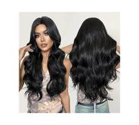 Parrucche Parrucca in fibra sintetica ad alta temperatura, in seta, con parte centrale rossa, capelli lunghi e ricci per la festa quotidiana(103F-black)