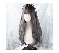 Parrucche Parrucca lunga dritta con frangia for donne Ragazze Parrucca sintetica marrone misto blu for cosplay di feste quotidiane, parrucca resistente al calore naturale Parrucca