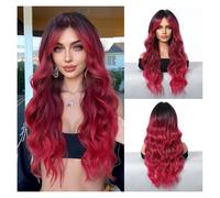 Parrucche Parrucca piena di Halloween con frangia a otto caratteri sfumata rossa, ondulata lunga, capelli ricci lunghi,per donne(Meera Red)