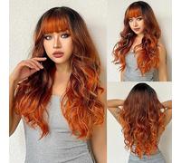 Parrucche Parrucca quotidiana Capelli ondulati naturali Parrucche sintetiche ondulate lunghe marrone dorato con frangia for donne nere Fibra resistente al calore for cosplay afro Parrucca Pizzo(LC3039