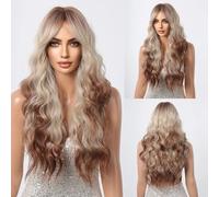 Parrucche Parrucca quotidiana Capelli ondulati naturali Parrucche sintetiche ondulate lunghe marrone dorato con frangia for donne nere Fibra resistente al calore for cosplay afro Parrucca da donna(LC1
