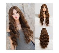 Parrucche Parrucca riccia ondulata lunga 28" con frangia a tendina Parrucche ondulate marroni sintetiche for donne nere Parrucche in fibra naturale resistente al calore for feste cosplay quotidiane Pa