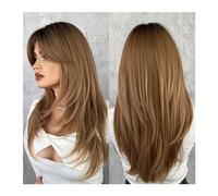Parrucche Parrucca sintetica ad alta densità for capelli neri con tintura for estremità, parrucche lunghe e diritte con frangia a tenda, parrucca Ombre a strati con evidenziazione verde for le donne p