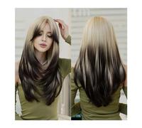Parrucche Parrucca sintetica ad alta densità for capelli neri con tintura for estremità, parrucche lunghe e diritte con frangia a tenda, parrucca Ombre a strati con evidenziazione verde for le donne P