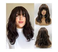 Parrucche Parrucca sintetica ondulata marrone scuro con frangia vicina e attaccatura dei capelli naturale, parrucche ondulate a caschetto di media lunghezza for le donne Cosplay quotidiana Parrucca fo