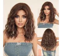 Parrucche, Parrucca sintetica resistente al calore for donna - Riccia fino alle spalle con frangia laterale,Parrucche di capelli umani(Brown)