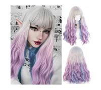 Parrucche Parrucca sintetica riccia ondulata lunga con frangia, parrucca cosplay lolita ondulata multicolore, parrucca sintetica resistente al calore viola blu sfumato bianco argento Parrucca