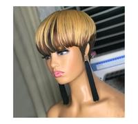 Parrucche Parrucche corte Pixie Cut con frangia, nere e bionde, lisce, densità 150% Parrucca di capelli umani