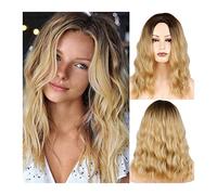 Parrucche Parrucche for capelli corti ricci biondi ombre for le donne Parrucca parte centrale sintetica di moda con radici marroni Parrucca in fibra ondulata media lunga resistente al calore Parrucche