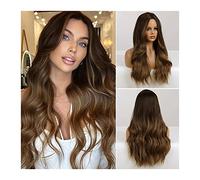 Parrucche Parrucche ondulate lunghe castane sfumate 26" Parrucca di capelli naturali ricci castani con parte centrale for donna Parrucche in fibre sintetiche resistenti al calore for Cosplay quotidian