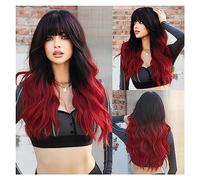 Parrucche Parrucche resistenti al calore Ombre ondulate lunghe Parrucca da nera a rossa for le donne Parrucca di capelli sintetici for feste di cosplay giornaliere con frangia soffice Parrucca da donn