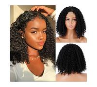 Parrucche Parrucche ricce Bob, 11 "Parrucca riccia corta nera Capelli in fibra sintetica, Parrucche ricce naturali resistenti al calore Parte centrale for donne nere Parrucca